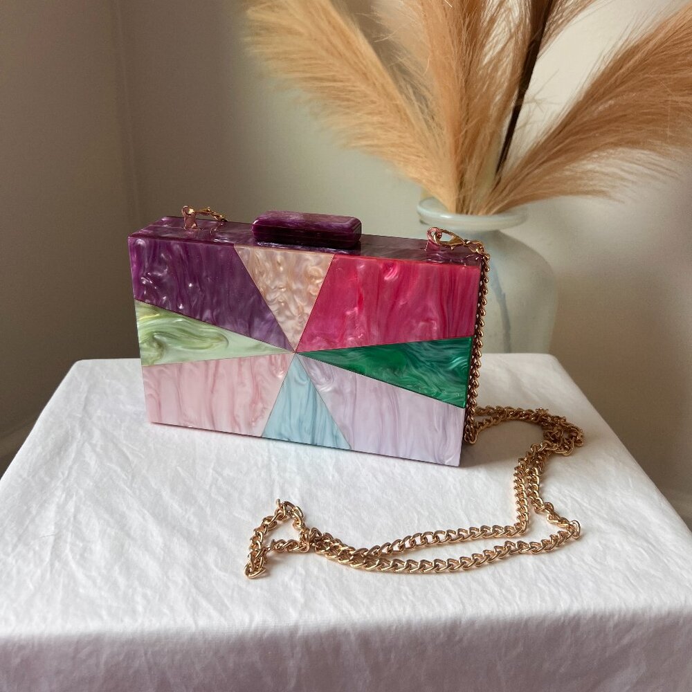 Colorful Acrylic Geometric Clutch Bag | Gold Chain Strap USED ONCE